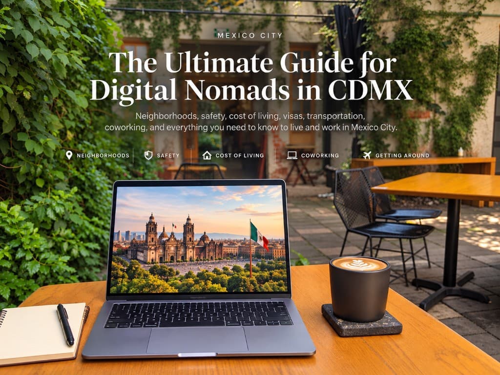 Laptop and coffee on a patio table in Mexico City, with the guide title overlaid