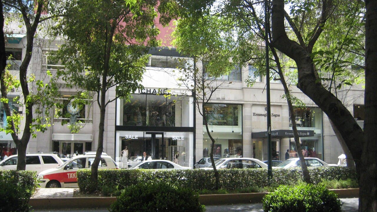 Avenida Presidente Masaryk in Polanco, Mexico City — shops and tree-lined sidewalks