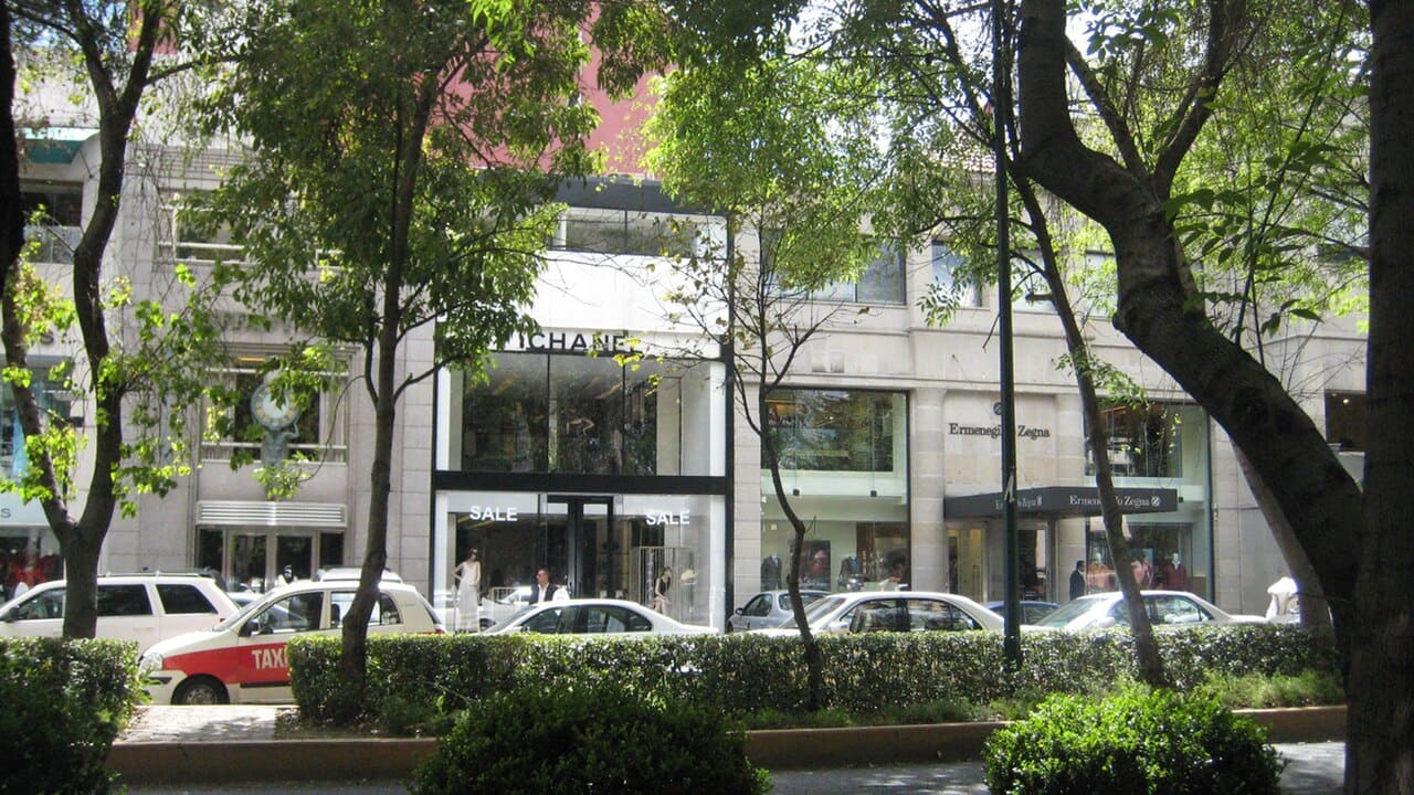 Avenida Presidente Masaryk in Polanco, Mexico City — shops and tree-lined sidewalks